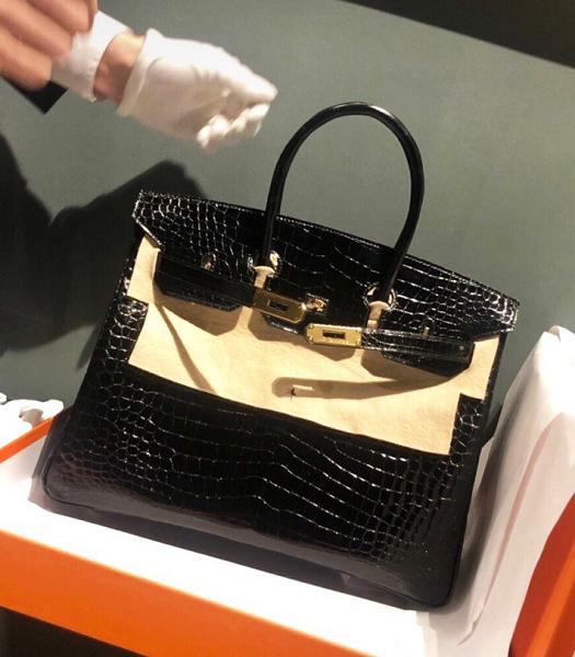 Hermes Birkin 35cm Bag Black Real Croc Leather Golden Metal