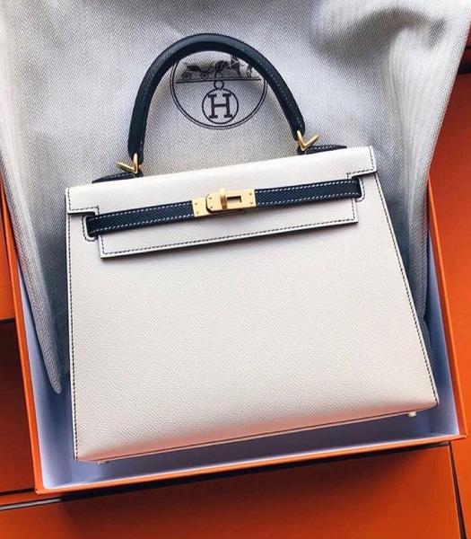 Hermes Kelly 25cm Bag White/Black Imported Epsom Leather Golden Metal