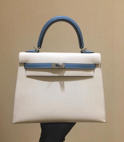 Hermes Kelly 25cm Bag White/Blue Imported Epsom Leather Silver Metal