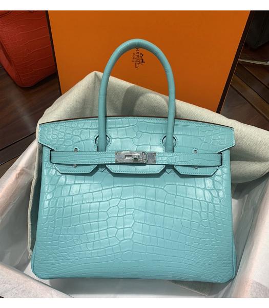 Hermes Birkin 30cm Bag Lake Blue Real Croc Leather Silver Metal