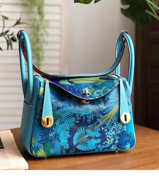 Hermes Lindy 26cm Tote Bag Rain Forest Print Blue Togo Leather Golden Metal