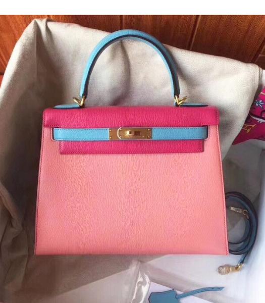 Hermes Kelly 28cm Pink/Blue Imported Lambskin Leather Bag Golden Metal