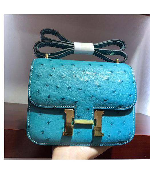 Hermes Constance 18cm Mini Bag Lake Blue Real Ostrich Leather Golden Metal