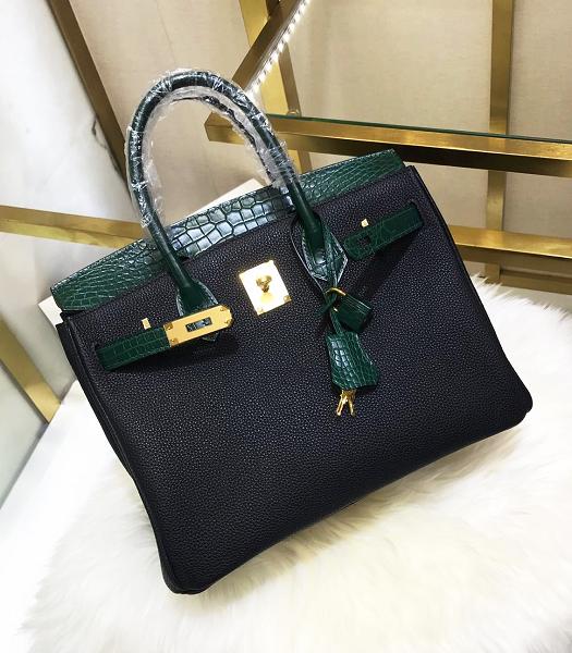 Hermes Birkin 30cm Bag Green Real Croc With Black Togo Leather Golden Metal