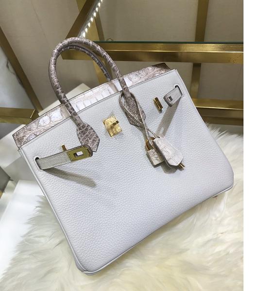 Hermes Birkin 25cm White Real Croc With Togo Leather Golden Metal Top Handle Bag