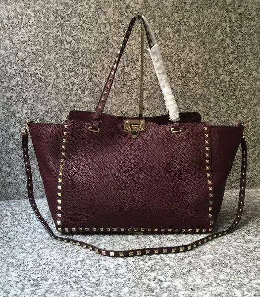 Valentino Rockstud Golden Rivet Wine Red Litchi Calfskin Leather Tote Shopping Bag