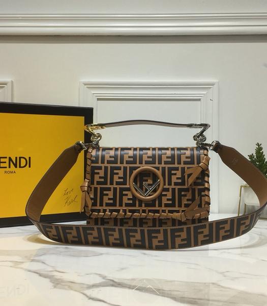 Fendi Kan I F Logo FF Brown Calfskin Leather Top Handle Shoulder Bag