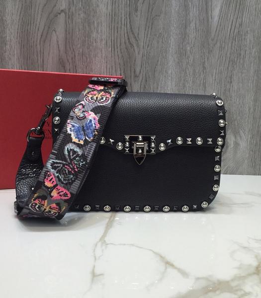 Valentino Garavani Rockstud Rolling Steel Rivet Fabric Strap Black Original Calfskin Leather Shoulder Bag