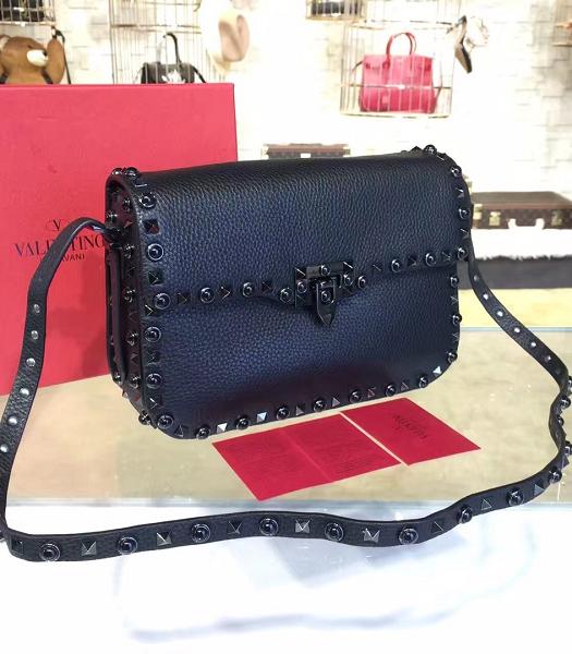 Valentino Garavani Rockstud Rolling Black Diamond Fabric Strap Dark Blue Original Calfskin Leather Shoulder Bag