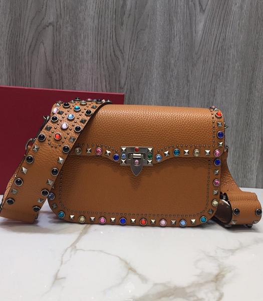 Valentino Garavani Rockstud Rolling Colors Diamond Leather Strap Brown Original Calfskin Shoulder Bag