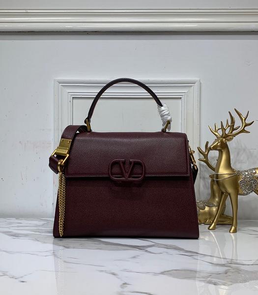 Valentino Garavani Vsling Wine Red Palm Veins Calfskin Leather Tote Bag