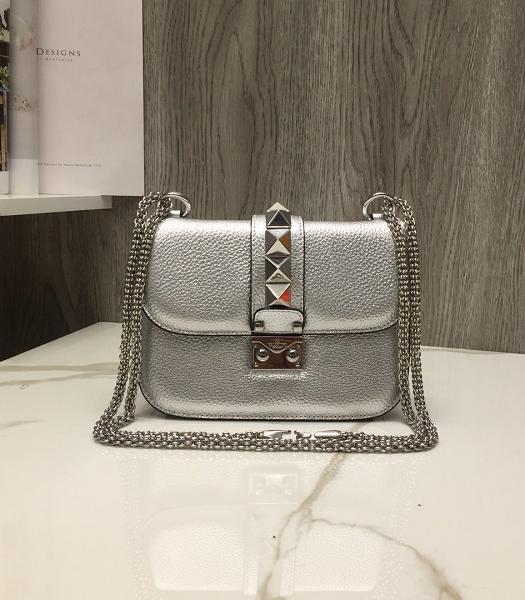 Valentino Silver Original Litchi Calfskin Leather 21cm Shoulder Bag