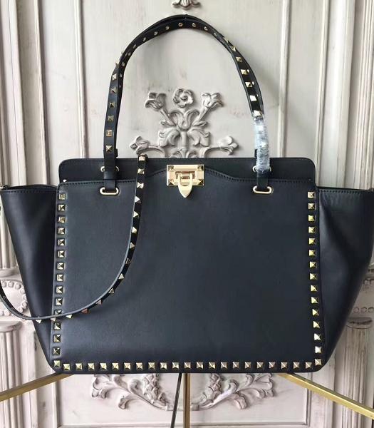 Valentino Rcckstud Golden Rivet Imported Plain Veins Calfskin Leather Shopping Bag Black