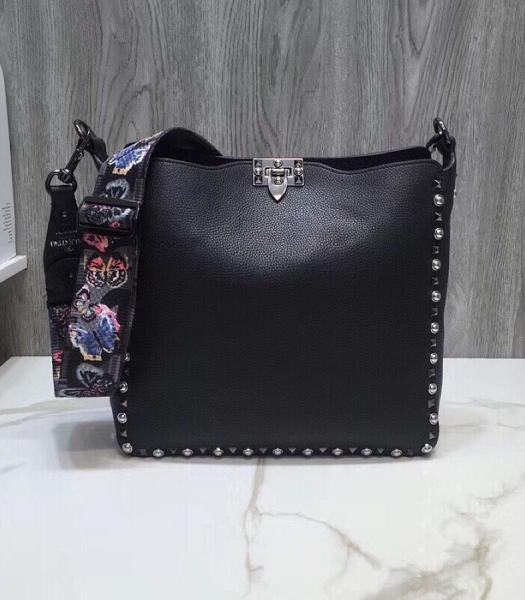 Valentino Guitar Rockstud Rolling Black Deerskin Leather Silver Rivet Hobo Bag