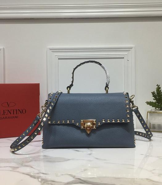 Valentino Rockstud Blue Litchi Original Calfskin Leather Tote Bag