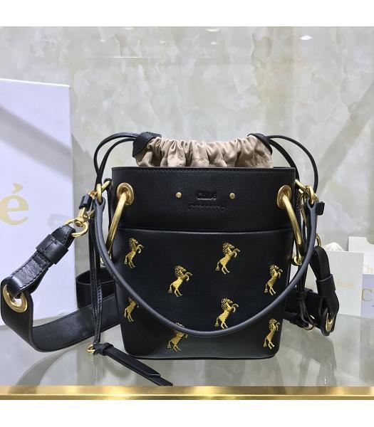 Chloe Original Leather Roy Horse Printed Bucket Bag Black