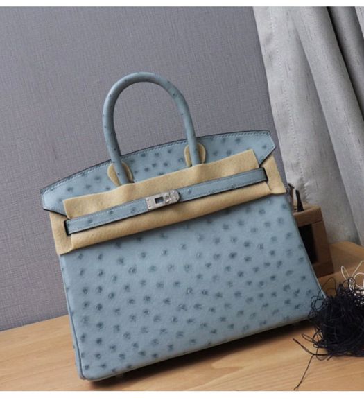 Hermes Birkin 25cm Bag Light Blue Real Ostrich Leather Silver Metal