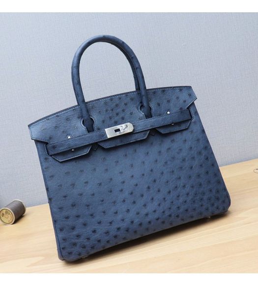 Hermes Birkin 30cm Bag Dark Blue Real Ostrich Leather Silver Metal