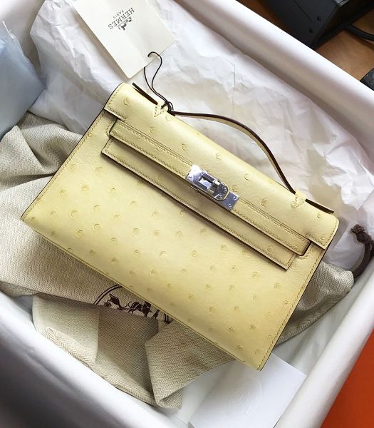 Hermes Kelly 22cm Bag Light Yellow Real Ostrich Leather Silver Metal