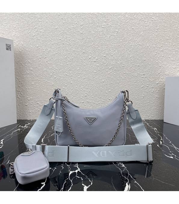 Prada Re-Edition 2005 Original Nylon Silver Logo Mini Hobo Bag Grey