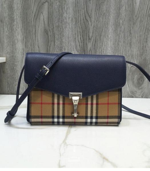 Burberry Vintage Canvas With Dark Blue Original Litchi Veins Calfskin Shoulder Bag