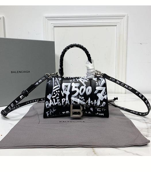 Balenciaga Doodling Print Black Plain Veins Real Leather 19cm Hourglass Bag