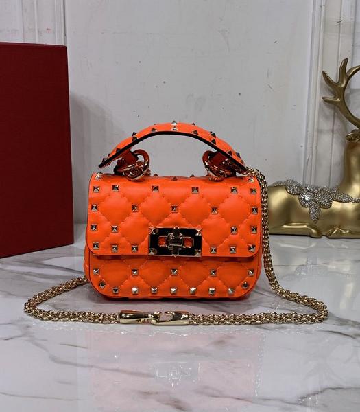 Valentino Garavani Rockstud Spike Orange Imported Wrinkle Lambskin 14cm Top Handle Chain Bag