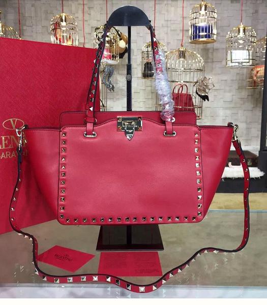 Valentino Rcckstud Red Imported Plain Veins Real Leather 26cm Shopping Bag Golden Rivets