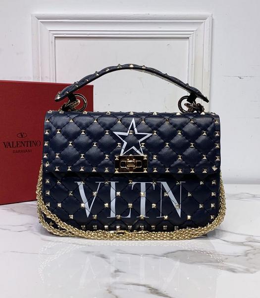 Valentino Vltn Star Garavani Rockstud Spike Dark Blue Imported Lambskin 24cm Top Handle Chain Bag