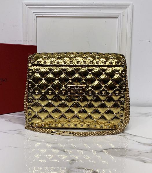 Valentino Garavani Rockstud Spike Golden Imported Snake Veins Lambskin 24cm Top Handle Chain Bag