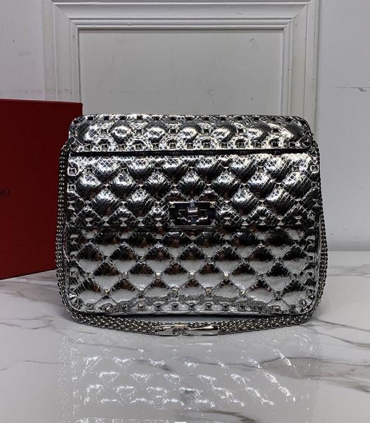 Valentino Garavani Rockstud Spike Silver Imported Snake Veins Lambskin 24cm Top Handle Chain Bag