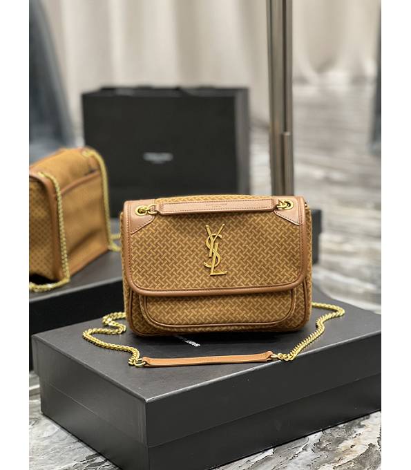 YSL Niki Brown Original Embossed Scrub Calfskin Leather Golden Chain Small Crossbody Bag