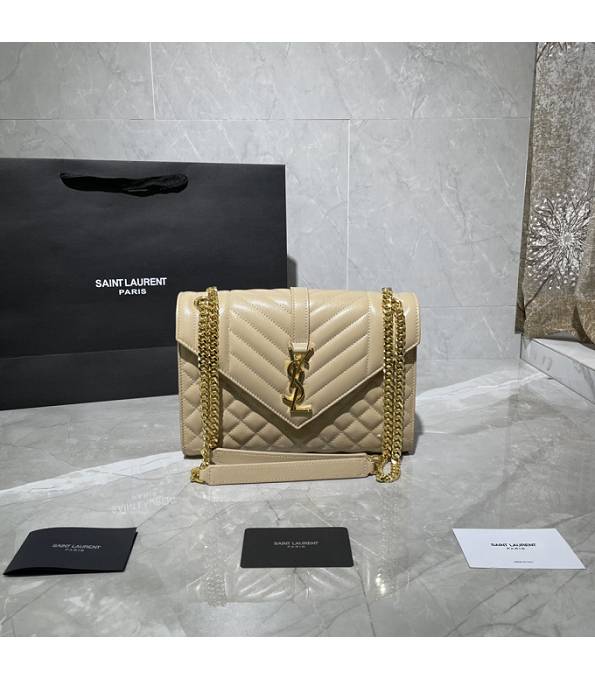 YSL Apricot Original Chevron Caviar Veins Calfskin Leather Golden Metal 24cm Envelope Bag