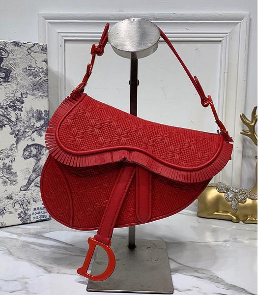 Christian Dior Oblique Original Weave Leather 19cm Saddle Bag Red