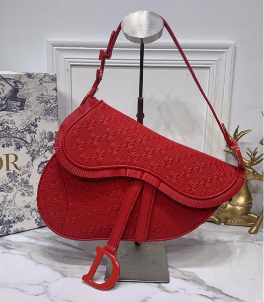 Christian Dior Oblique Original Weave Leather 25cm Saddle Bag Red