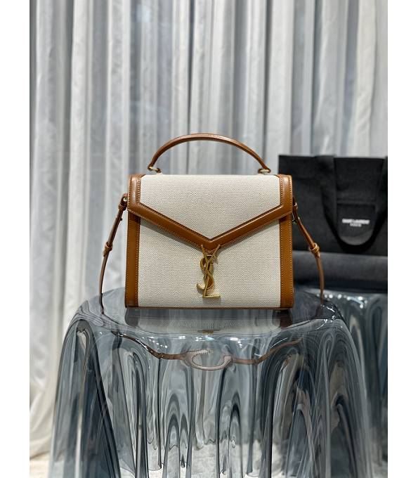 YSL Cassandra Canvas With Brown Original Calfskin Leather Golden Metal Medium Top Handle Bag