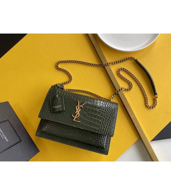 YSL Sunset Green Original Croc Veins Calfskin Leather Golden Metal Medium Flap Shoulder Bag