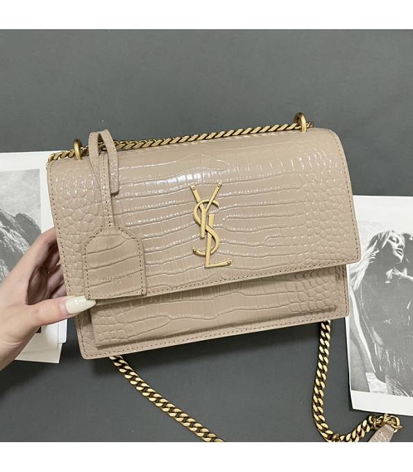 YSL Sunset Apricot Original Croc Veins Calfskin Leather Golden Metal Medium Flap Shoulder Bag