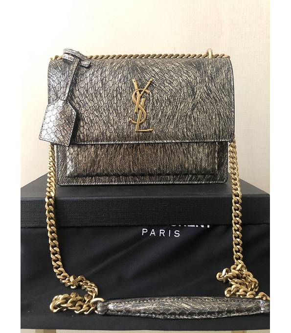 YSL Sunset Silver Original Snake Veins Calfskin Leather Golden Metal Medium Flap Shoulder Bag