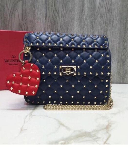 Valentino Vltn Garavani Rockstud Spike Dark Blue Imported Lambskin 24cm Top Handle Chain Bag