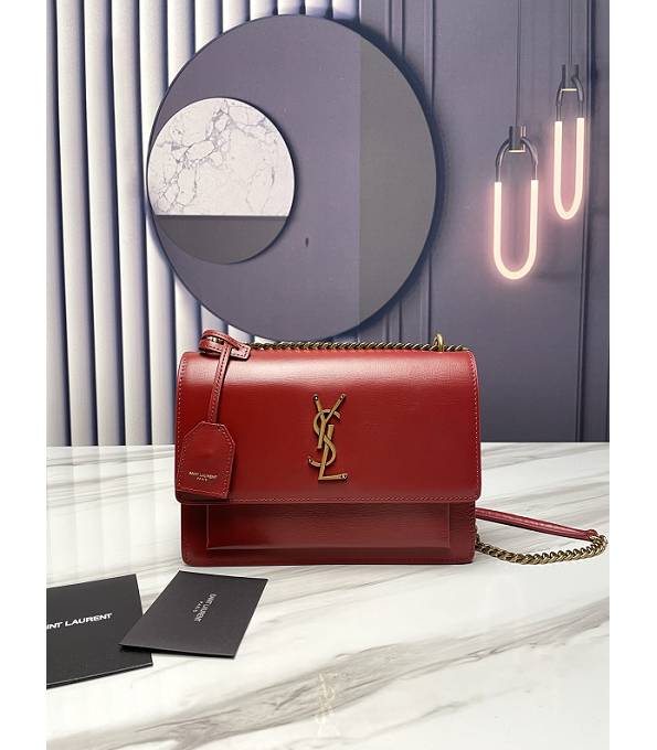 YSL Sunset Red Original Pin Stripes Calfskin Leather Golden Metal Medium Flap Shoulder Bag