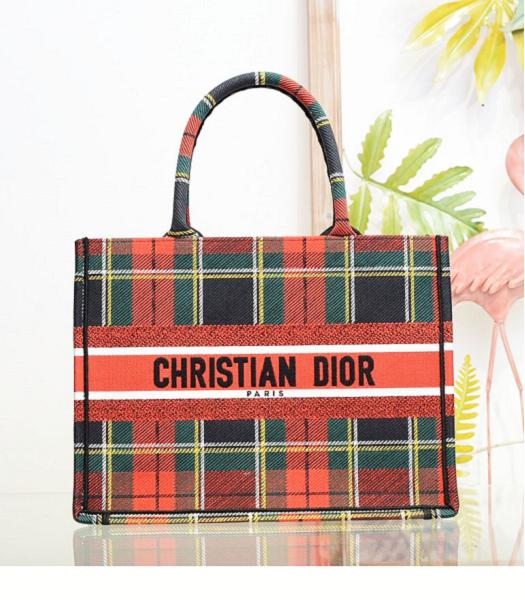 Christian Dior England Style Embroidered Canvas 36cm Book Tote Bag Red