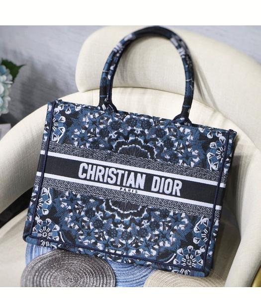 Christian Dior Flower Embroidered Canvas 36cm Book Tote Bag Blue