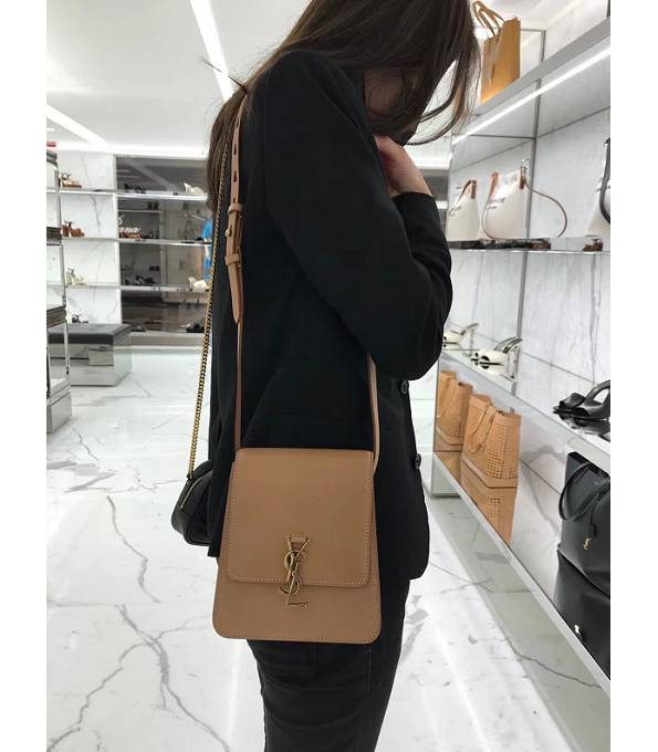 YSL Kaia Apricot Original Plain Veins Calfskin Leather Golden Metal North South Satchel Bag