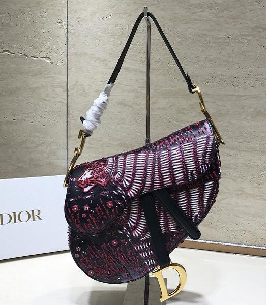 Christian Dior Tiger Embroidery Original Leather 25cm Saddle Bag Black