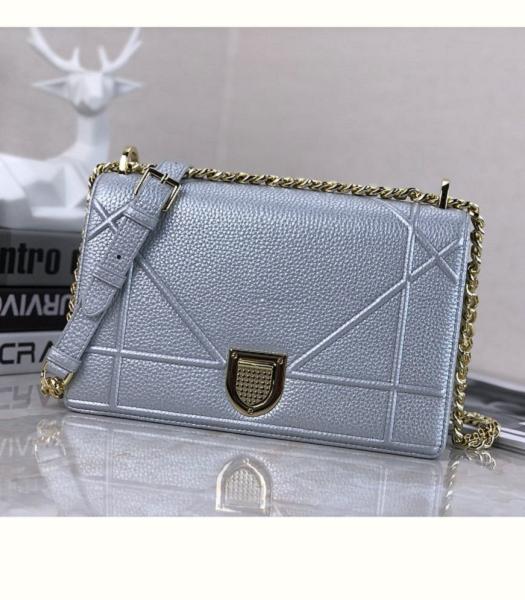 Christian Dior Diorama Original Litchi Veins Leather Golden Metal 25cm Shoulder Bag Silver