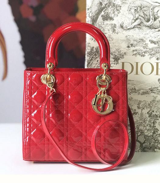 Christian Dior Original Patent Leather Golden Metal 24cm Tote Bag Red