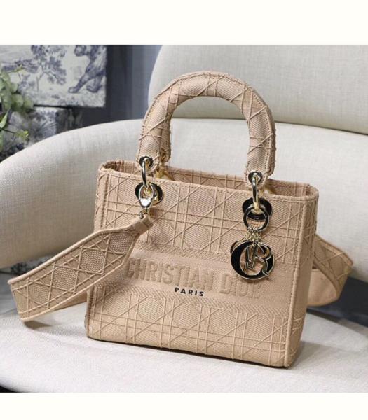 Christian Dior Embroidery Canvas Golden Metal 24cm Tote Bag Apricot