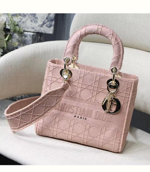 Christian Dior Embroidery Canvas Golden Metal 24cm Tote Bag Pink