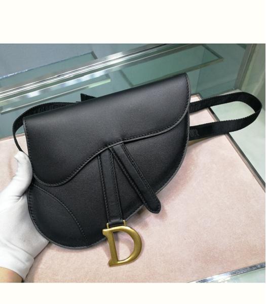 Christian Dior Oblique Plain Veins Original Calfskin Golden Metal 20cm Saddle Belt Bag Black